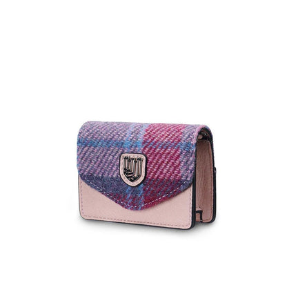 HOTIslander The Card Case - Made of Microfibre Leather & Harris Tweed, 4.13'x3.14' (Pink and Blue Tartan)