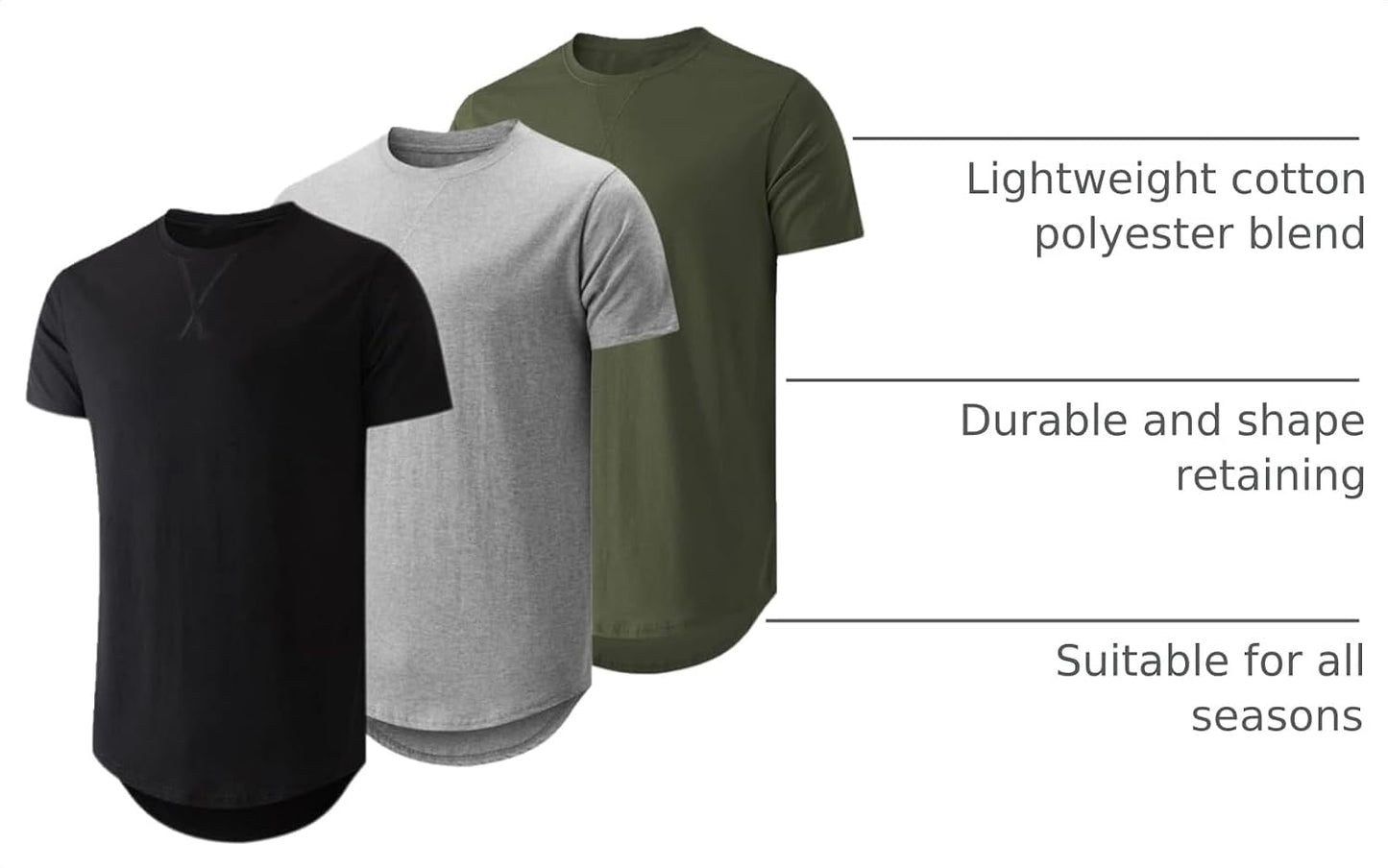 HOTJMIERR Mens 3 Pack Cotton Hipster Hip Hop Longline Crewneck T-Shirt