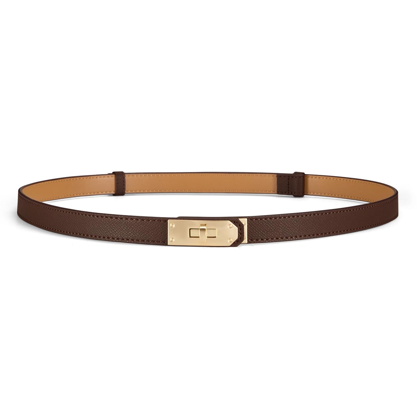 HOTWomen’s Skinny Leather Belt with Gold or Silver Turn-Lock Buckle – Adjustable Thin Belt for Dresses, Office & Wedding