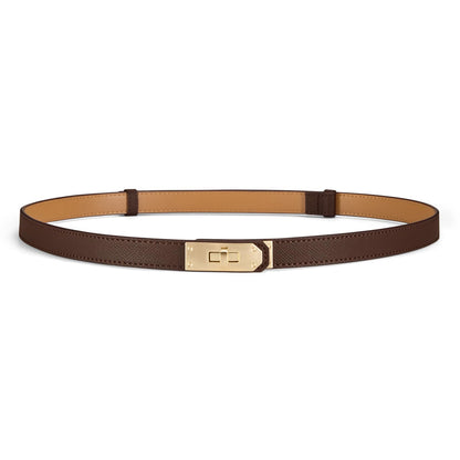 HOTWomen’s Skinny Leather Belt with Gold or Silver Turn-Lock Buckle – Adjustable Thin Belt for Dresses, Office & Wedding