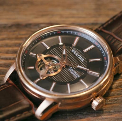 HOTBulova Men's Classic 3-Hand Automatic Leather Strap Watch, 21-Jewels, Hack Feature, Luminous Hands and Markers,Open Aperture and Exhibition Case Back