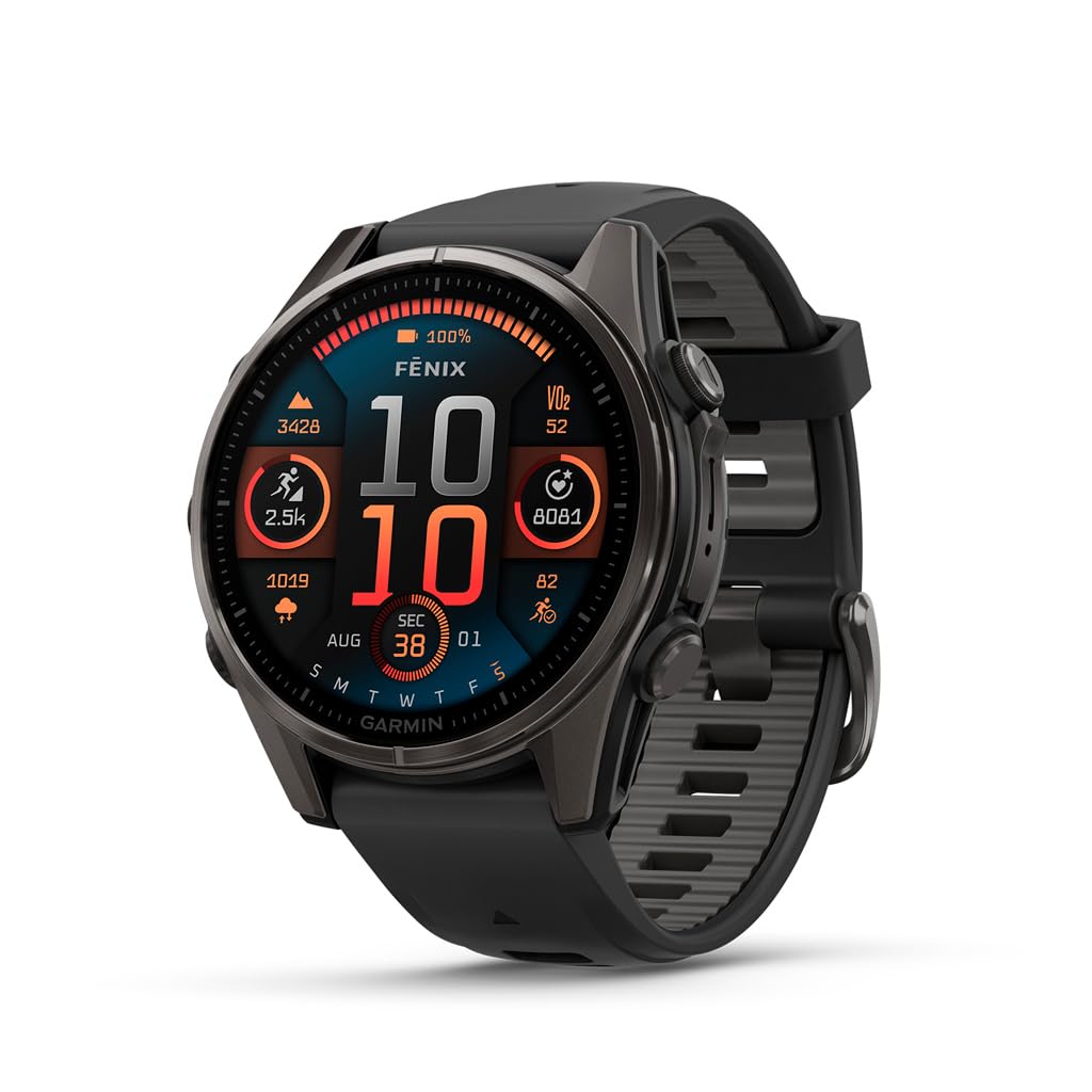 HOTGarmin fēnix® 8 – 47 mm, Solar, Sapphire, Premium Multisport GPS Smartwatch, Long-Lasting Battery Life, Dive-Rated, Built-in LED Flashlight, Titanium with Amp Yellow/Graphite Band | 47mm Sapphire Solar Multisport GPS, Titanium Case, Built-in LED Flashl