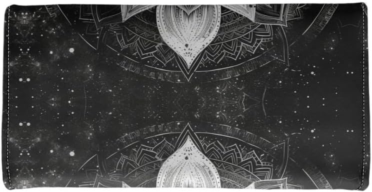 HOTLotus Mandala Women PU Leather Tri-fold Wallets Black And White Sketch Flower Zipper Pocket Buckle Money Manager Starry Sky Tall Billfold Secretary Cash Wallet