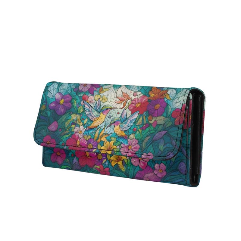 HOTNorth Cardinals Bird Women Wallet Long Trifold Checkbook Wallets with Zipper Pocket, Mosaic Art Birds Flowers Credit Card Holder PU Leather Billfold Wallet Purse