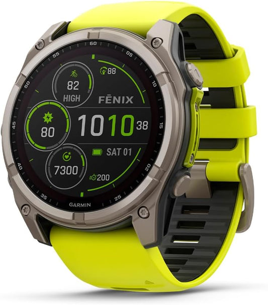 HOTGarmin fēnix® 8 – 51 mm, Solar, Sapphire, Premium Multisport GPS Smartwatch, Long-Lasting Battery Life, Dive-Rated, Built-in LED Flashlight, Titanium with Amp Yellow/Graphite Band | 51mm Solar Sapphire Fenix 8 with Titanium Bezel, Built-in LED Flashlig