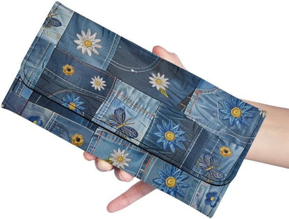 HOTNovelty Jeans Print Womens Wallets Leather Clutch, Vintage Denim Block Patch Design Long Wallet for Women Blue Credit Card Holder with Coin Purse ID Window