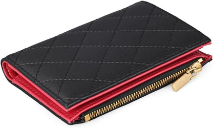 HOTSlim Bi-fold Checkered Quilted Leather Wallet | Classic Minimalist Style w. ID Window/Card Slot/Bill Holder/Zip Coin Pocket for Women (Black Quilted)