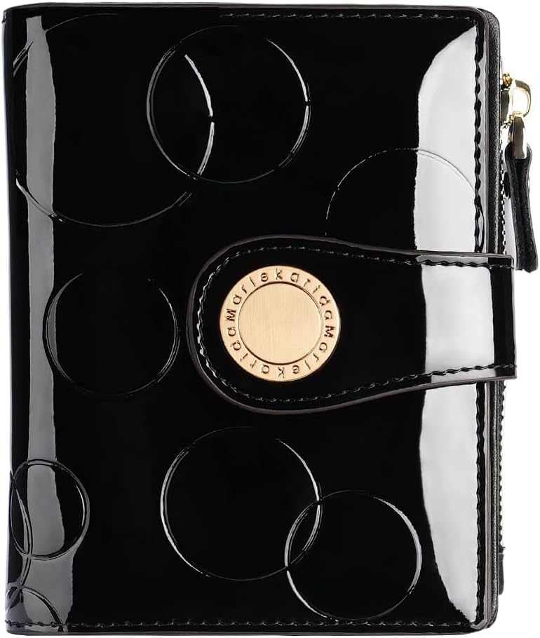 HOTFashionable genuine leather women's wallet, multiple card slots, short three fold style, zipper and snap closure, RFID shielding protection credit card clip, foldable wallet (Black)