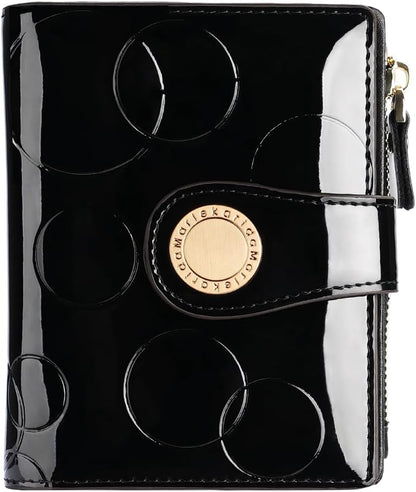 HOTFashionable genuine leather women's wallet, multiple card slots, short three fold style, zipper and snap closure, RFID shielding protection credit card clip, foldable wallet (Black)