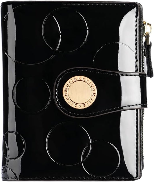 HOTFashionable genuine leather women's wallet, multiple card slots, short three fold style, zipper and snap closure, RFID shielding protection credit card clip, foldable wallet (Black)