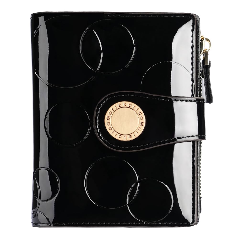 HOTFashionable genuine leather women's wallet, multiple card slots, short three fold style, zipper and snap closure, RFID shielding protection credit card clip, foldable wallet (Black)
