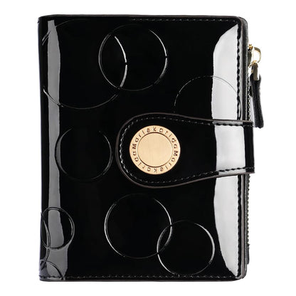 HOTFashionable genuine leather women's wallet, multiple card slots, short three fold style, zipper and snap closure, RFID shielding protection credit card clip, foldable wallet (Black)