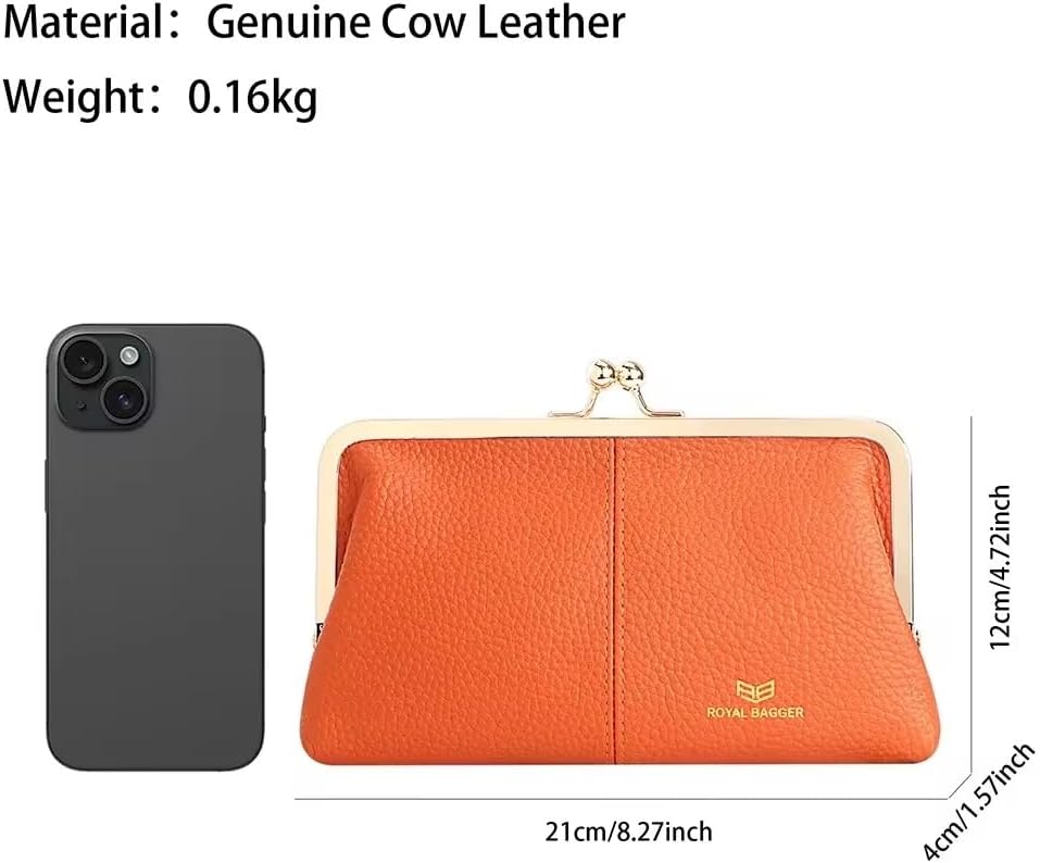 HOTRoyal Bagger RFID Kiss Lock Wallet, Solid Color Multi-card Slots Card Holder, Genuine Cow Leather Clutch Purses for Women 1468 (Almond Green)