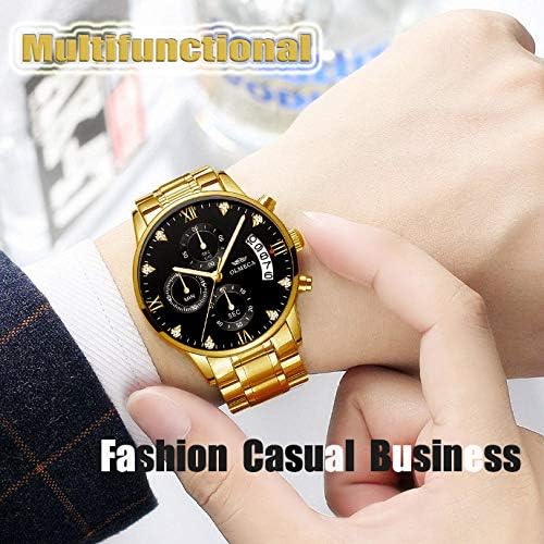 HOTDREAMING Q&P Men's Watches Luxury Fashion Casual Dress Chronograph Waterproof Military Quartz Wristwatches for Men Stainless Steel Band Gold Black