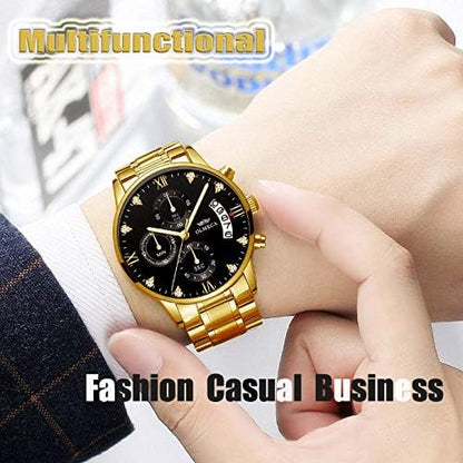 HOTDREAMING Q&P Men's Watches Luxury Fashion Casual Dress Chronograph Waterproof Military Quartz Wristwatches for Men Stainless Steel Band Gold Black