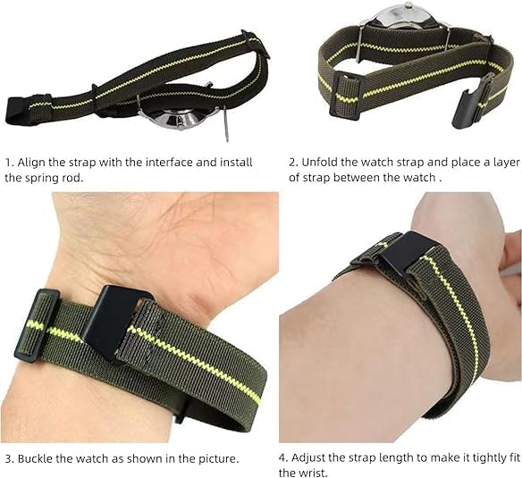 HOTFrench Troops Paratrooper Watchband,Military Elastic Nylon Watch Strap with Hook-and-Loop for Men Women Silver & Black Buckle 18/20/22mm