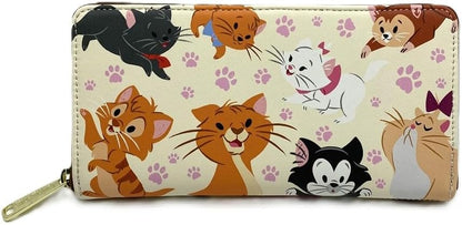 HOTLoungefly Disney Aristocats Alice in Wonderland Cats Zip Around Wallet Womens Cat Pawprint Faux Leather
