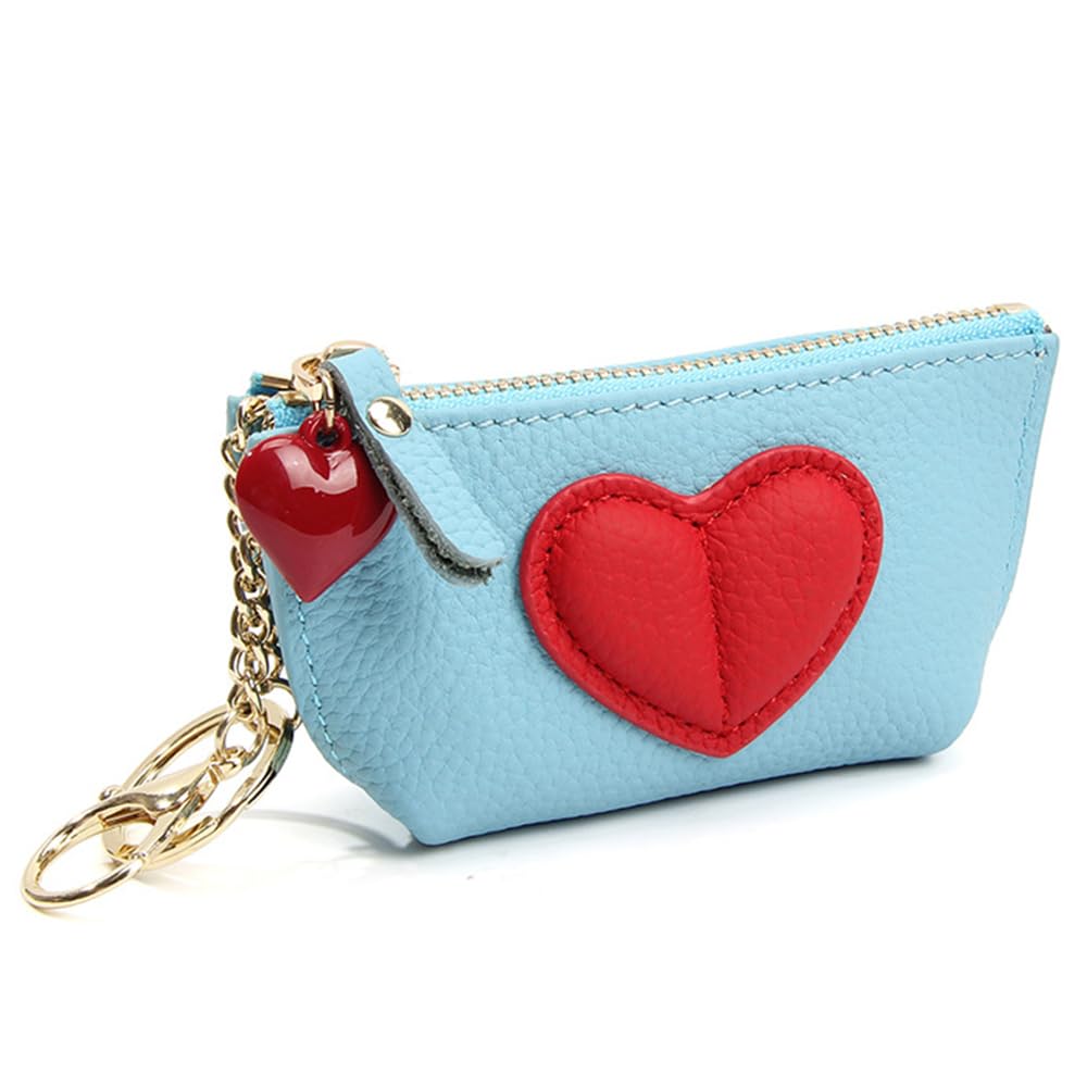 HOTRejolly Coin Pouch Purse for Women Girls Real Leather Mini Change Wallet With Keychain Key Ring Cute Heart Attachment for Purse Cream White