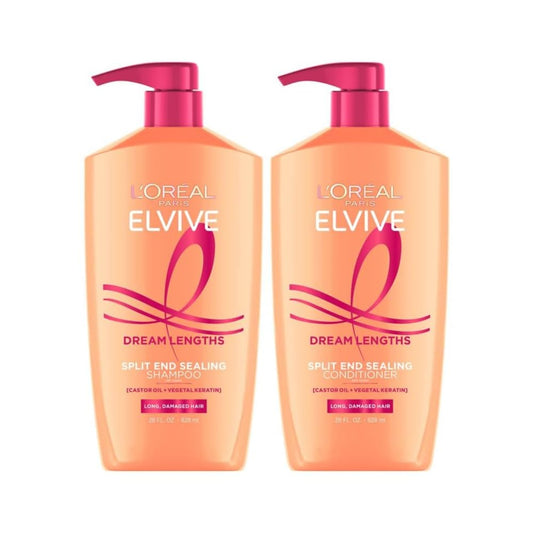 HOTL'Oreal Paris Elvive Dream Lengths Shampoo and Conditioner Set, Seals Split Ends, Hydrating & Strengthening Hair Repair, Fine Castor Oil and Vitamins B3 and B5, 56 Fl Oz Set