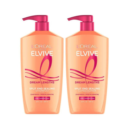 HOTL'Oreal Paris Elvive Dream Lengths Shampoo and Conditioner Set, Seals Split Ends, Hydrating & Strengthening Hair Repair, Fine Castor Oil and Vitamins B3 and B5, 56 Fl Oz Set