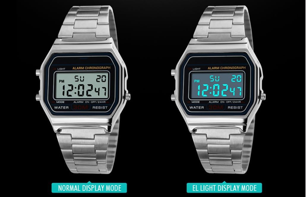 HOTPASOY Men's Digital Gold Stainless Steel Watch Backlit Multifunction Stopwatch Waterproof Sport Watches