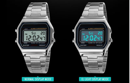 HOTPASOY Men's Digital Gold Stainless Steel Watch Backlit Multifunction Stopwatch Waterproof Sport Watches