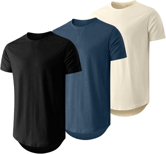 HOTJMIERR Mens 3 Pack Cotton Hipster Hip Hop Longline Crewneck T-Shirt