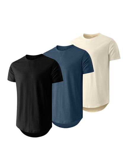 HOTJMIERR Mens 3 Pack Cotton Hipster Hip Hop Longline Crewneck T-Shirt