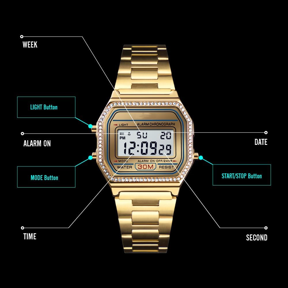 HOTPASOY Men's Digital Gold Stainless Steel Watch Backlit Multifunction Stopwatch Waterproof Sport Watches