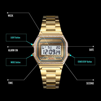 HOTPASOY Men's Digital Gold Stainless Steel Watch Backlit Multifunction Stopwatch Waterproof Sport Watches