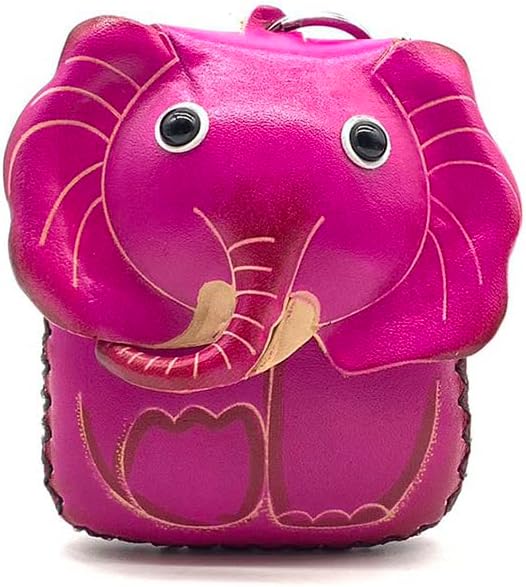 HOTHandmade Vintage Genuine Leather 3D Animal Elephant Coin Purse With Removable Wrist Strap (Dark Pink)