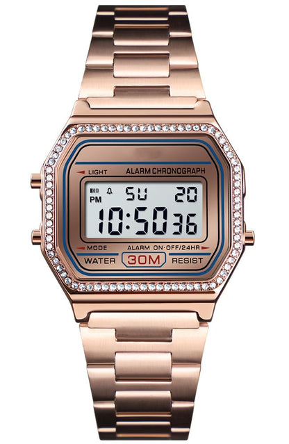 HOTPASOY Men's Digital Gold Stainless Steel Watch Backlit Multifunction Stopwatch Waterproof Sport Watches