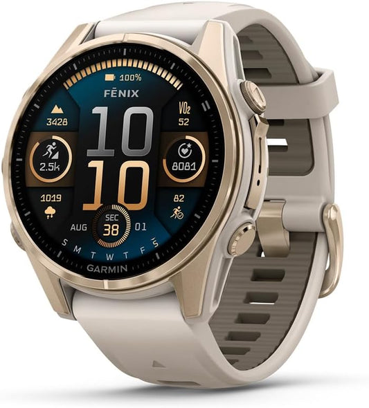 HOTGarmin fēnix® 8 – 43mm, AMOLED, Sapphire, Premium Multisport GPS Smartwatch, Long-Lasting Battery Life, Dive-Rated, Built-in LED Flashlight, Soft Gold with Dark Sandstone Band | Sapphire Lens, Soft Gold with Dark Sandstone Band, 10 Atm Dive-Rated, LED