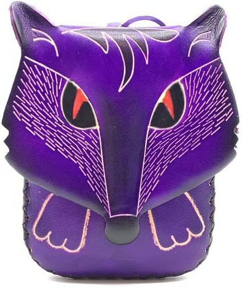 HOTHandmade Vintage Genuine Leather 3D Fox Animal Coin Purse With Removable Wrist Strap (Purple)
