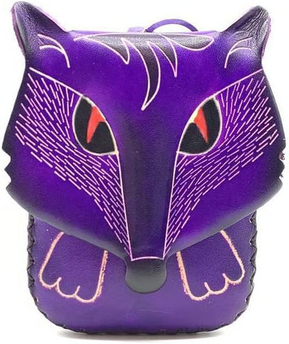 HOTHandmade Vintage Genuine Leather 3D Fox Animal Coin Purse With Removable Wrist Strap (Purple)