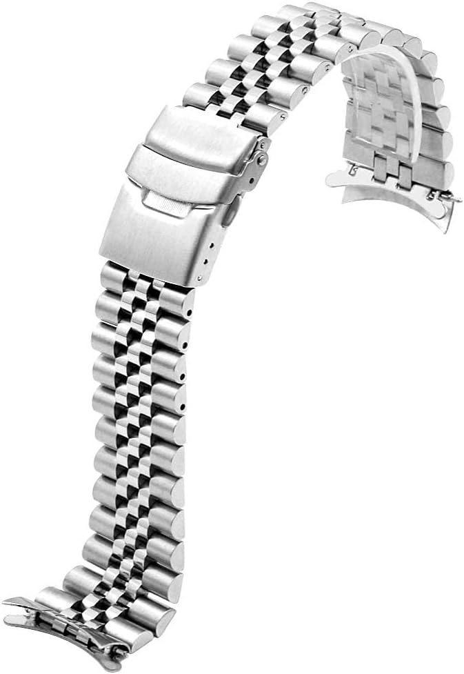 HOTJuntan Stainless Steel Curved Ends Tapered 18mm 20mm 21mm 22mm 23mm 24mm Metal Watch Band Flexible Watch Strap Replacement Bracelet Deployment Double Flip Lock Buckle Silver Black