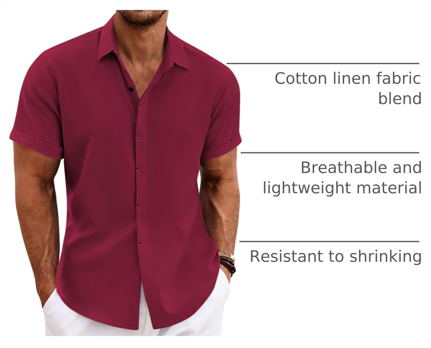 HOTCOOFANDY Men's Linen Shirts Short Sleeve Casual Shirts Button Down Shirt for Men Beach Summer Wedding Shirt
