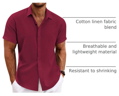 HOTCOOFANDY Men's Linen Shirts Short Sleeve Casual Shirts Button Down Shirt for Men Beach Summer Wedding Shirt