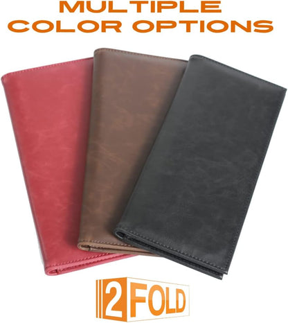 HOT2Fold Business Size and Travelers Check Large Checkbook Cover for Side and Top Tear Checks - Synthetic Leather Feel Check Book Cover with Built in Duplicate Check Sleeve and Pockets - Black