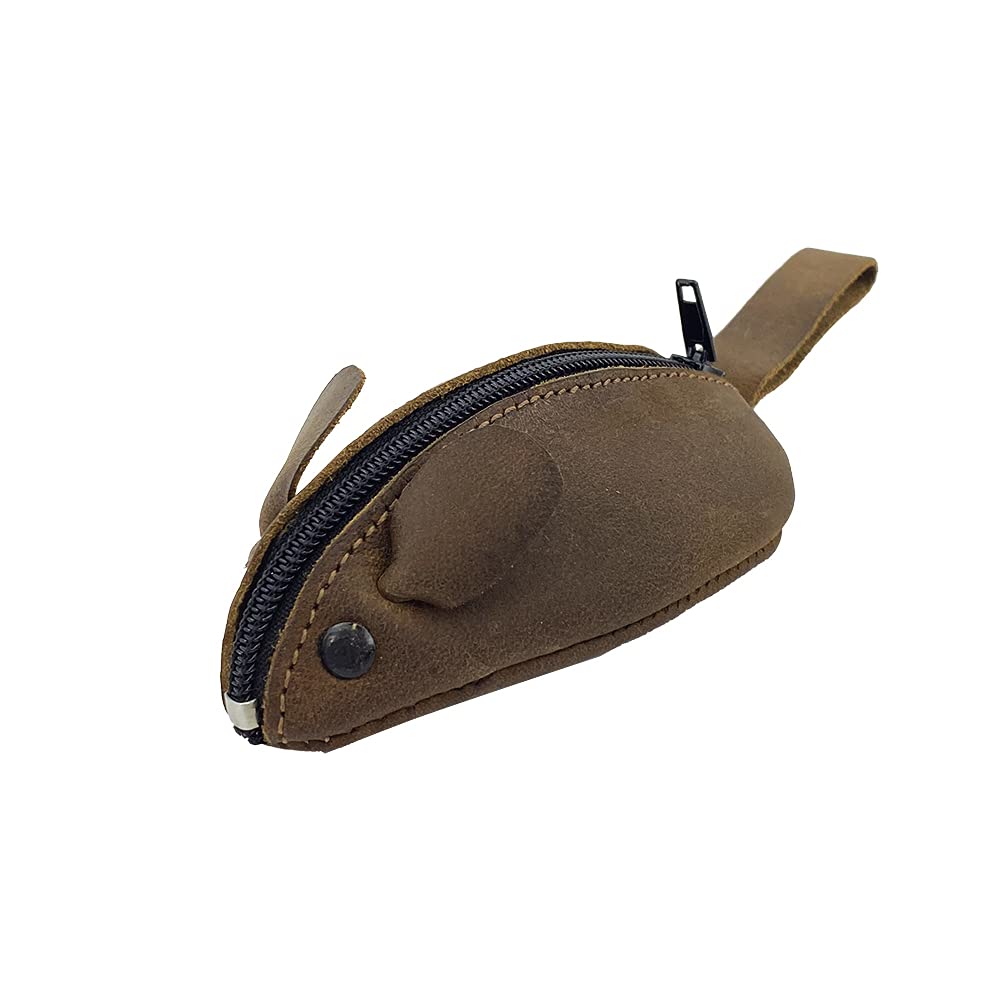 HOTHide & Drink, Mouse-Shaped Coin Pouch, Change Pouch, Pocket Case for Coins, Travel Accessory, Full Grain Leather, Handmade, Bourbon Brown