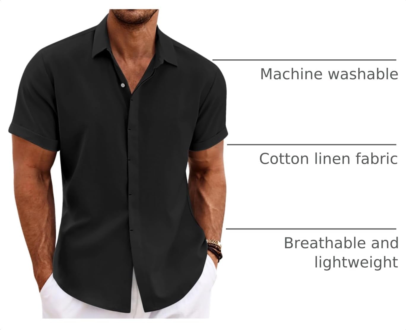 HOTCOOFANDY Men's Linen Shirts Short Sleeve Casual Shirts Button Down Shirt for Men Beach Summer Wedding Shirt