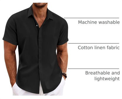HOTCOOFANDY Men's Linen Shirts Short Sleeve Casual Shirts Button Down Shirt for Men Beach Summer Wedding Shirt