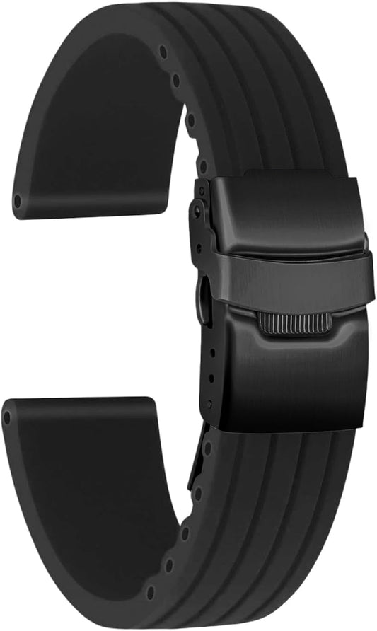 HOTSilicone Watch Strap Replacement Rubber Watch Band Waterproof Stripe Pattern - 14mm, 16mm, 18mm, 20mm, 22mm, 24mm Watch Bracelet with Stainless Steel Deployment Black Buckle