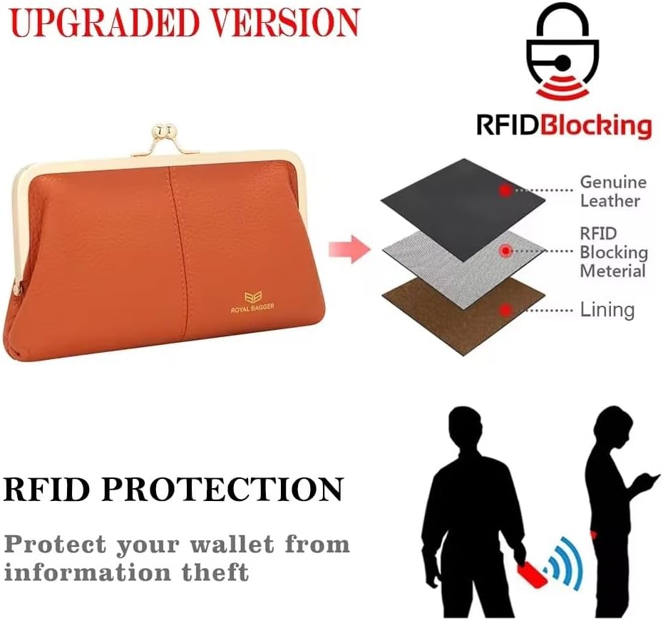 HOTRoyal Bagger RFID Kiss Lock Wallet, Solid Color Multi-card Slots Card Holder, Genuine Cow Leather Clutch Purses for Women 1468 (Almond Green)