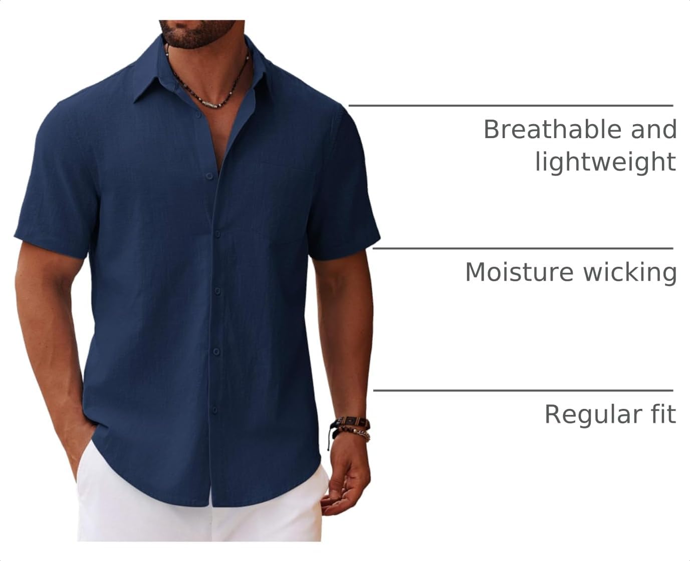 HOTCOOFANDY Men's Button Down Short Sleeve Shirt Casual Cotton Summer Beach Linen Wedding Shirts with Pocket