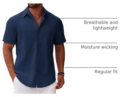 HOTCOOFANDY Men's Button Down Short Sleeve Shirt Casual Cotton Summer Beach Linen Wedding Shirts with Pocket