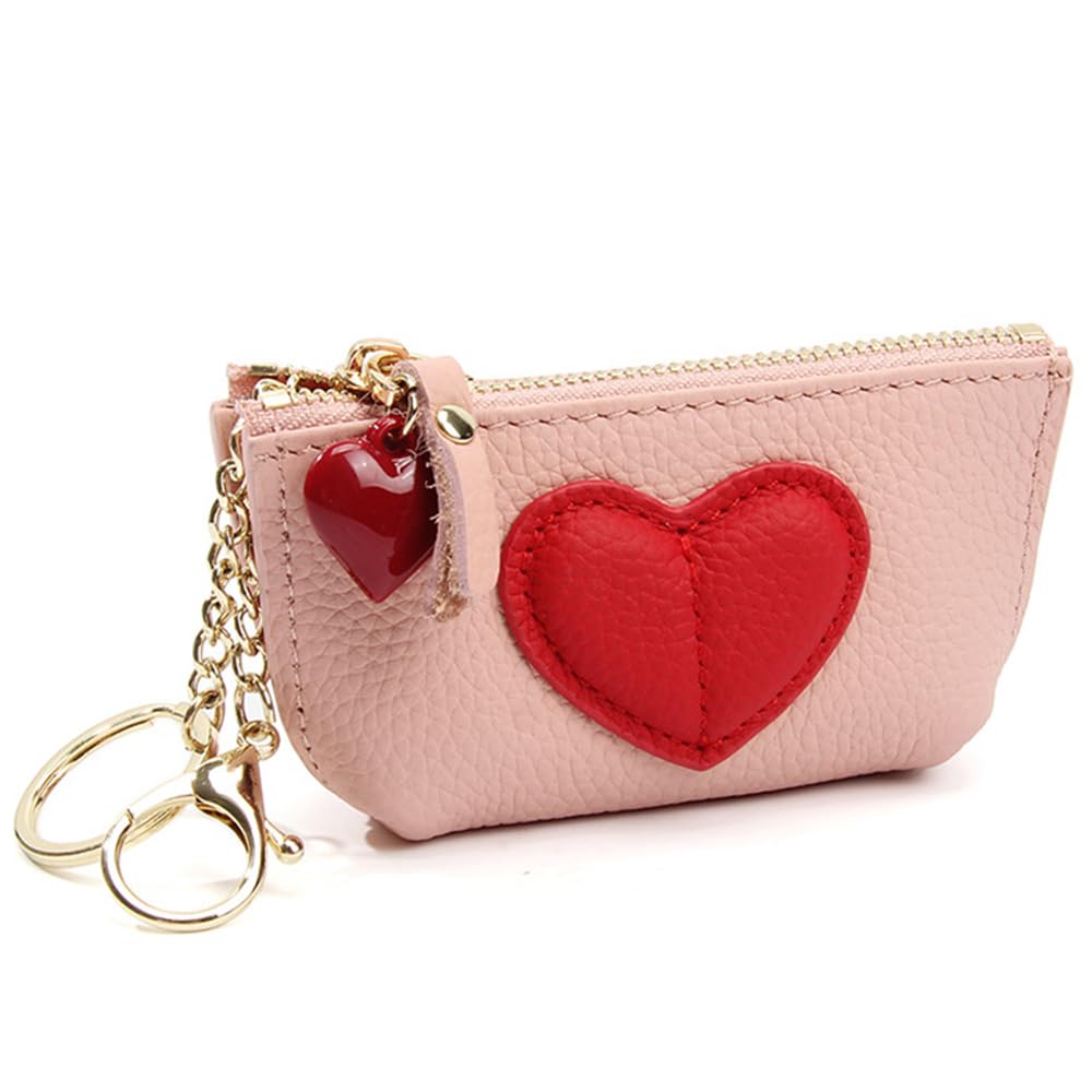 HOTRejolly Coin Pouch Purse for Women Girls Real Leather Mini Change Wallet With Keychain Key Ring Cute Heart Attachment for Purse Cream White