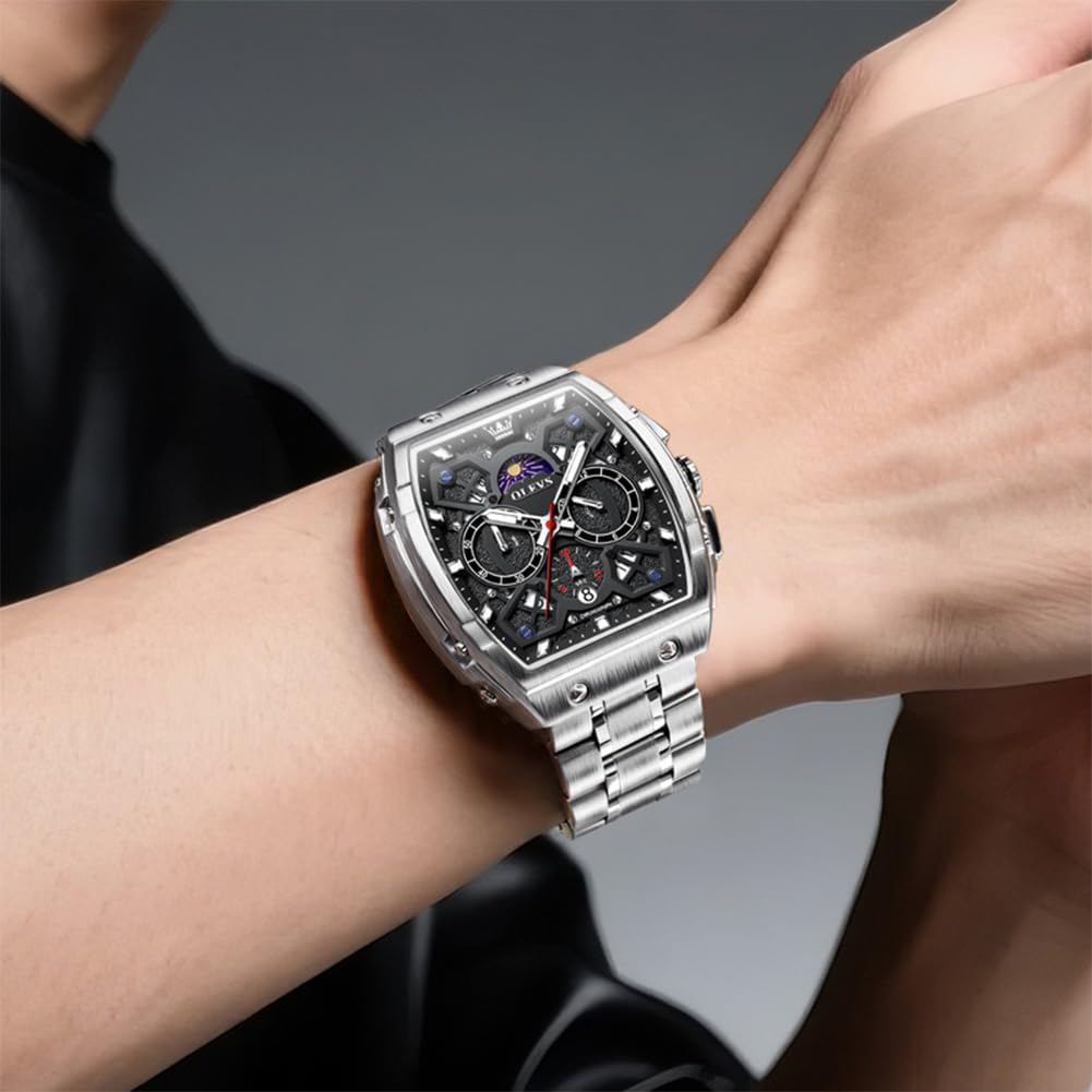 HOTOLEVS Men Watches Business Dress Chronograph Big Square Quartz Analog Male Watch Silicone Strap Waterproof Date Gift Mens Wrsit Watch Silver