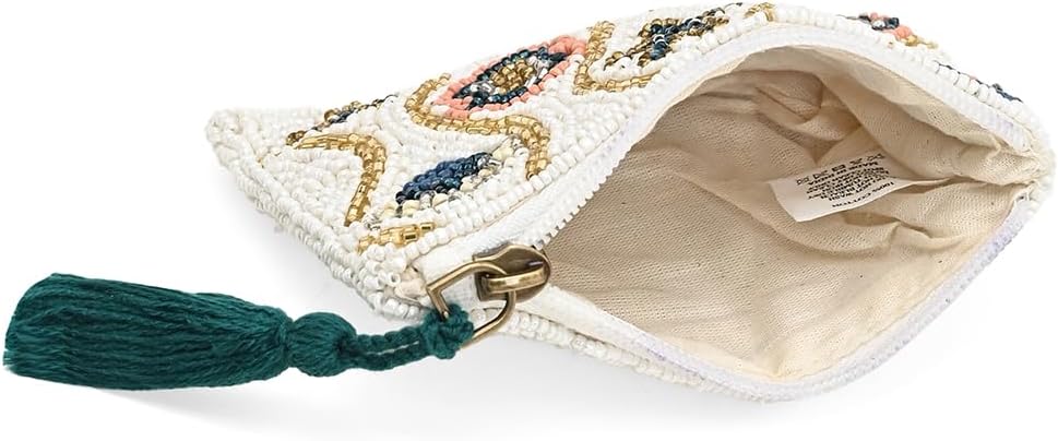 HOTAmerica & Beyond Coastal Shell Beaded Pouch, White, Starfish and Seashell Design, Tassel Zipper, 5 x 3.5 Inches