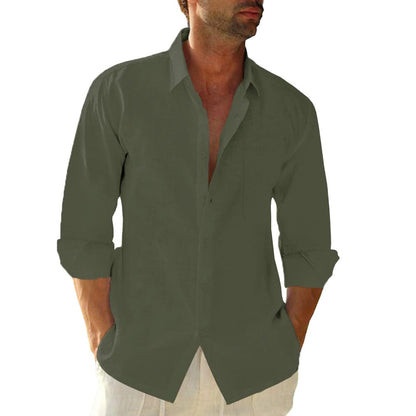 HOTJEKAOYI Button Down Linen Shirts for Men Casual Long Sleeve Regular Fit Cotton Beach Shirts with Pocket